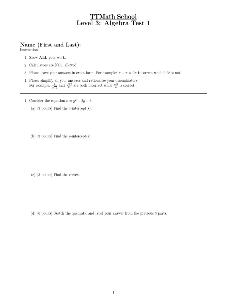Level 3 Algebra Test Questions | PDF | Equations | Quadratic Equation