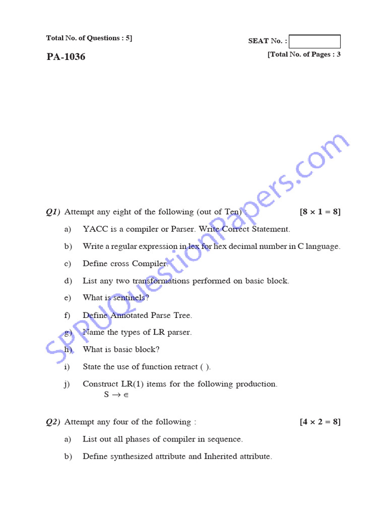 Compiler Construction Exam Questions | PDF | Parsing | Grammar