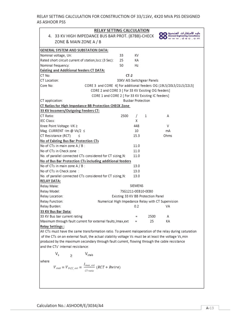 33 KV Relay Setting Calculation For ASHOOR GSS REV0.0 | PDF