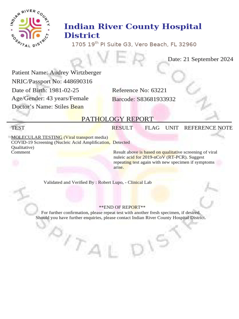 Audrey Wirtzberger Covid-19 Test Result | PDF