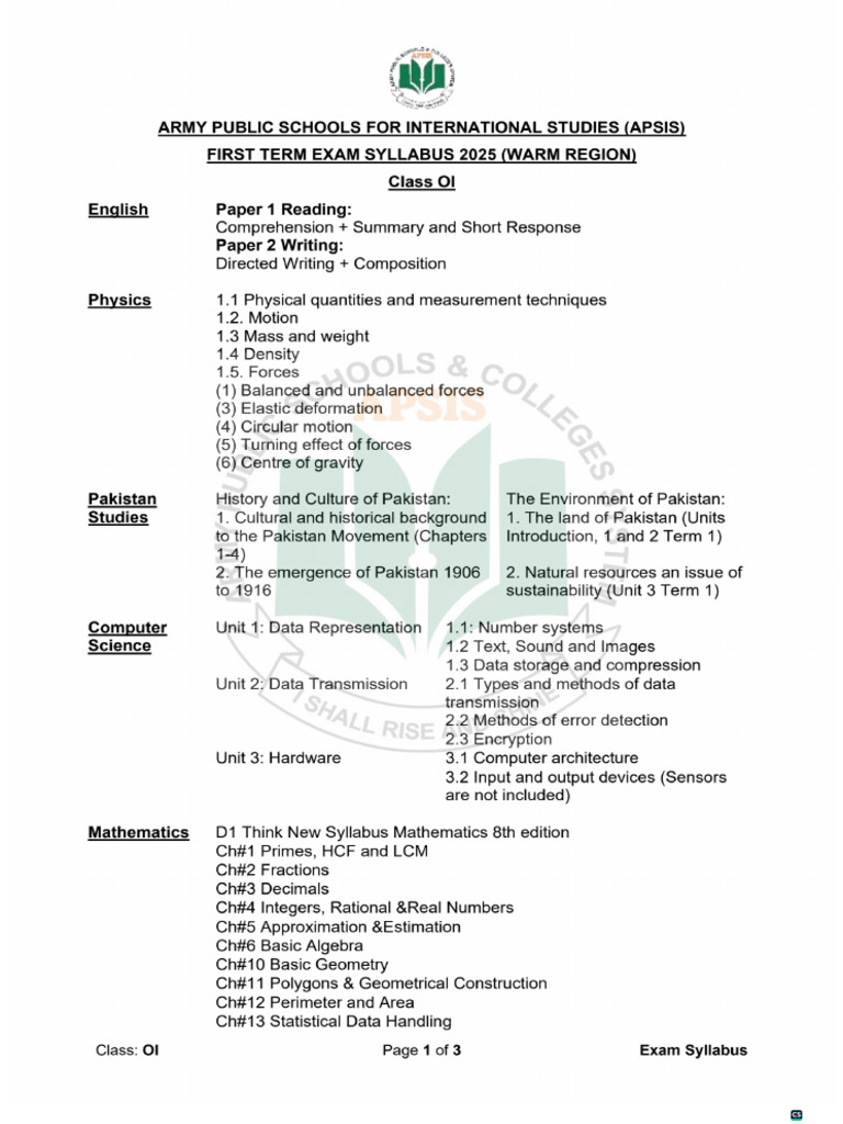 Class O1 First Term Syllabus | PDF
