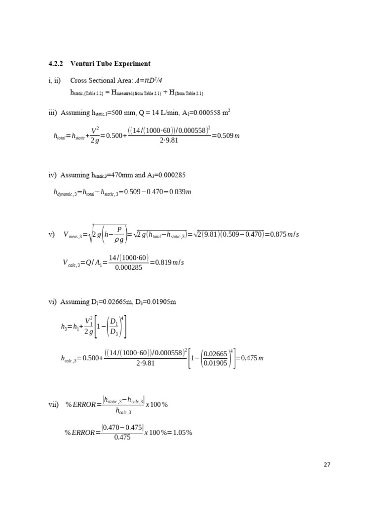 Venturi Tube Experiment Analysis | PDF