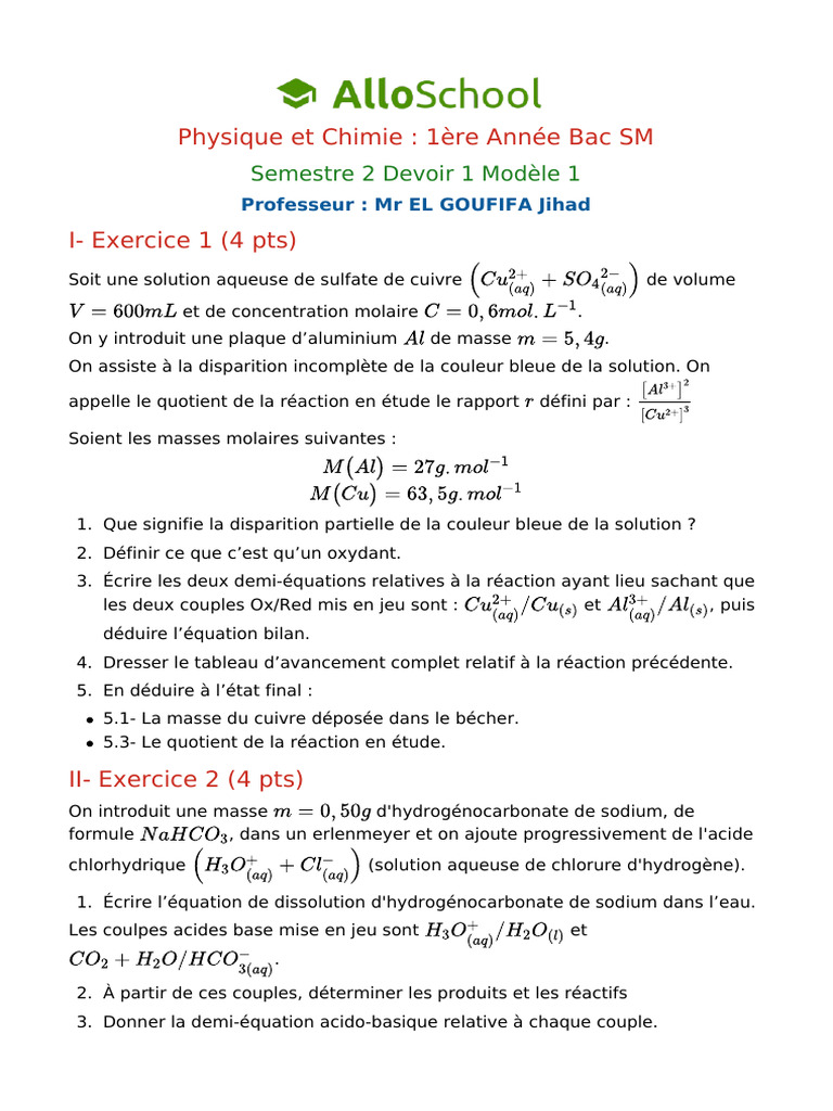 Physique-Chimie Bac SM : Devoir 1 Sem 2 | PDF | Tension électrique ...