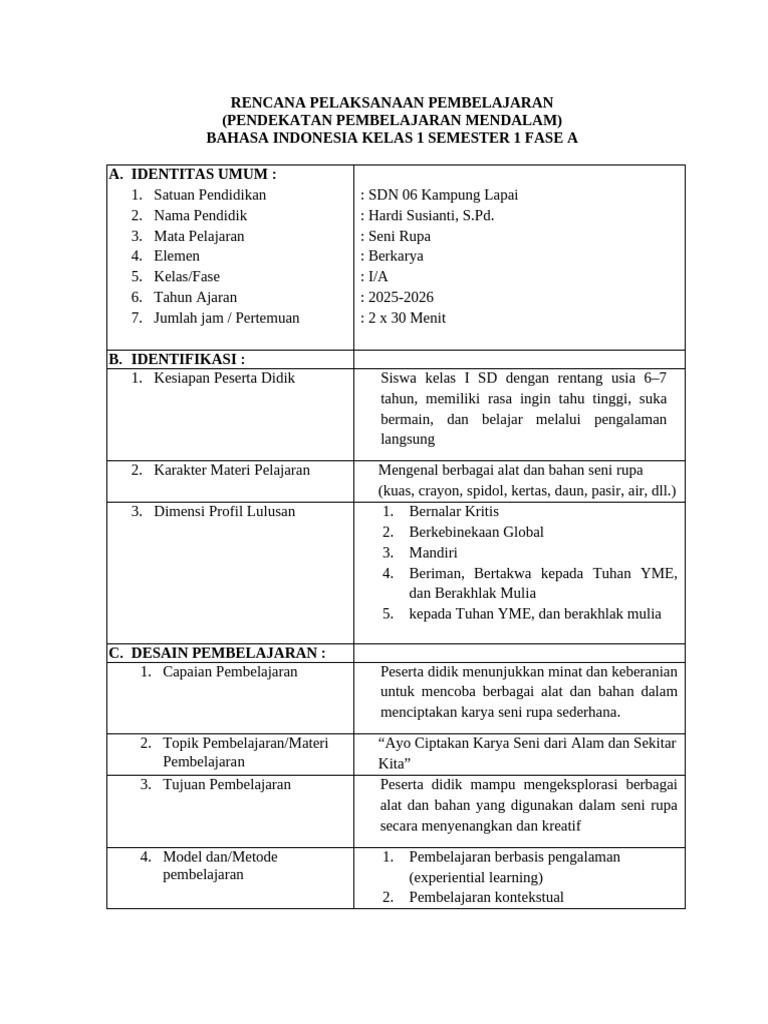 RPP Pembelajaran Mendalam Seni Rupa Kelas 1 | PDF