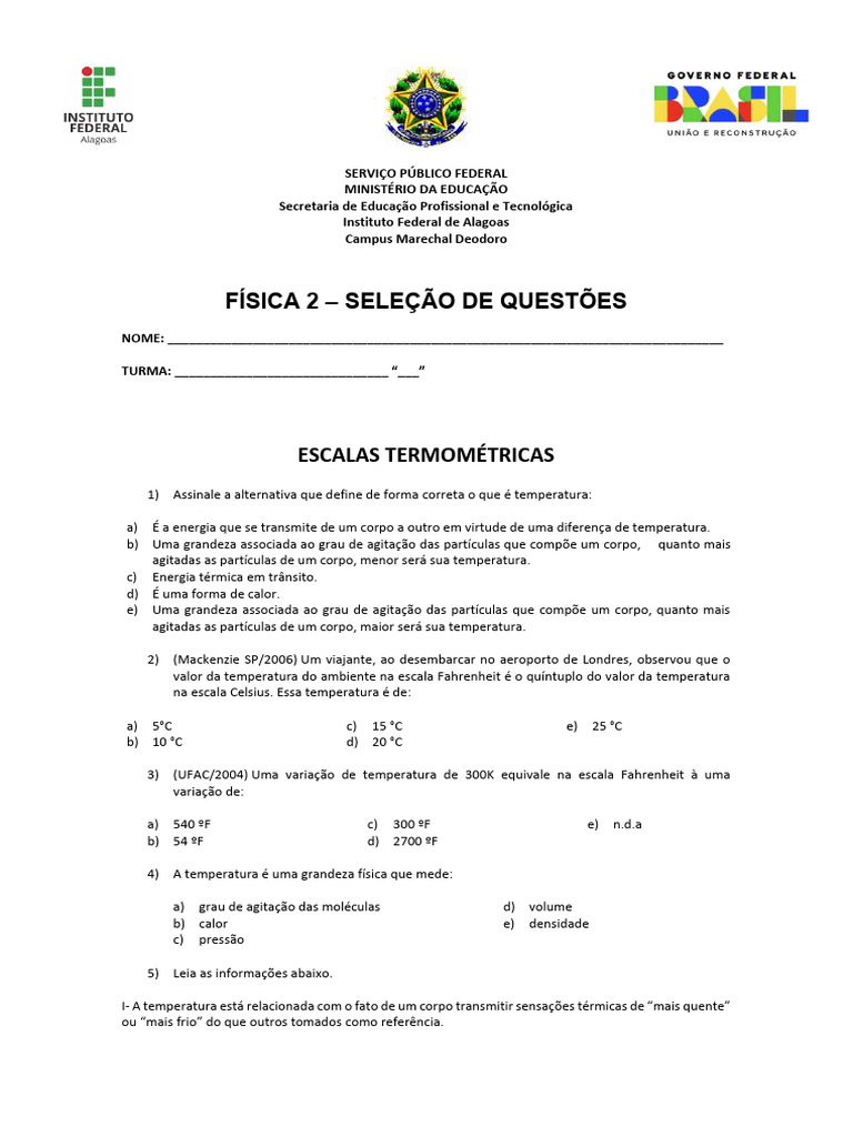 Questões sobre Escalas Termométricas | PDF | Calor | Temperatura