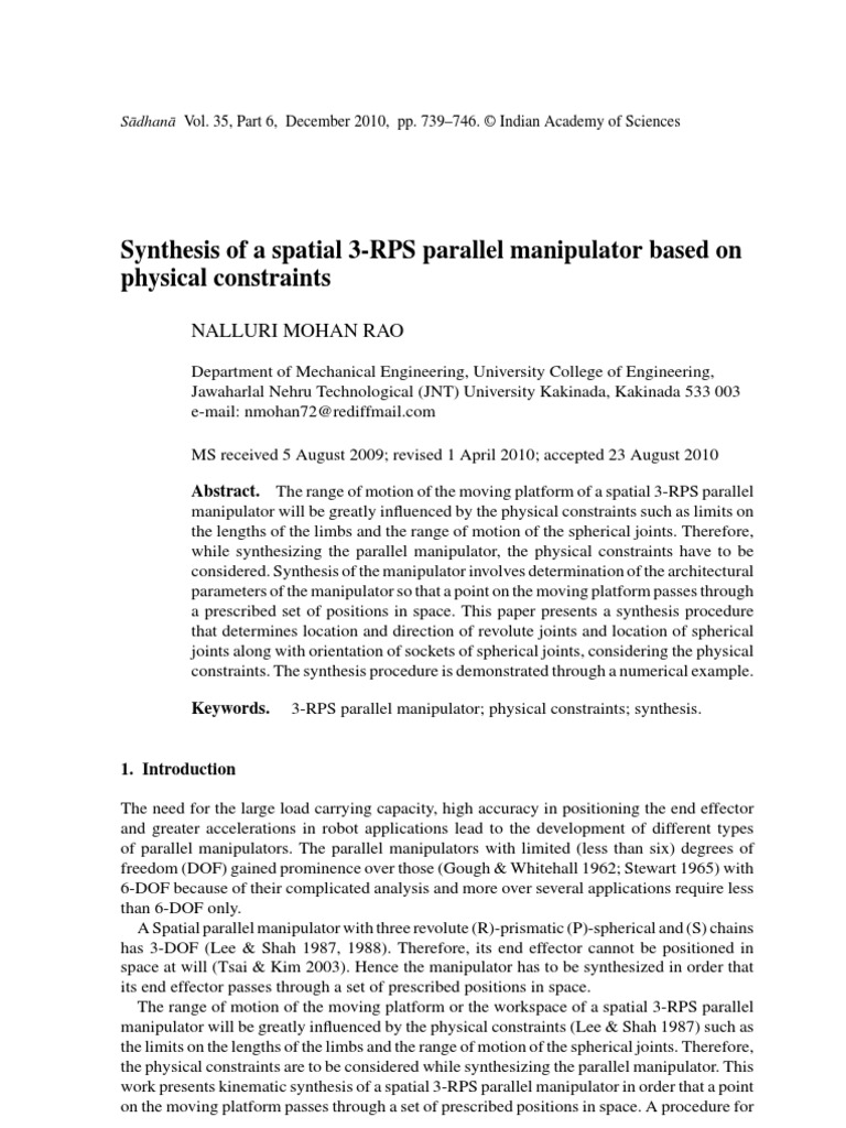 Synthesis of A Spatial 3-RPS Parallel Manipulator Based On Physical ...