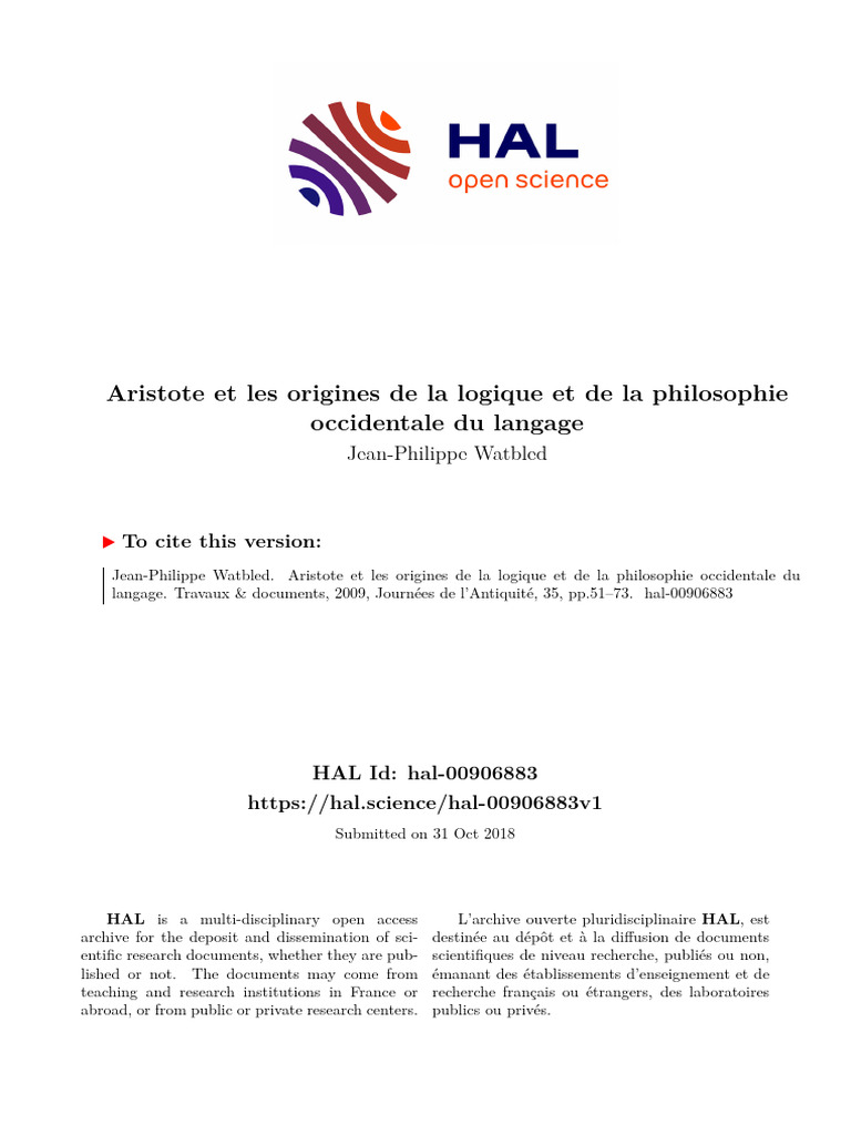 Aristote : Logique et langage occidental | PDF | Essence (concept) | Vérité