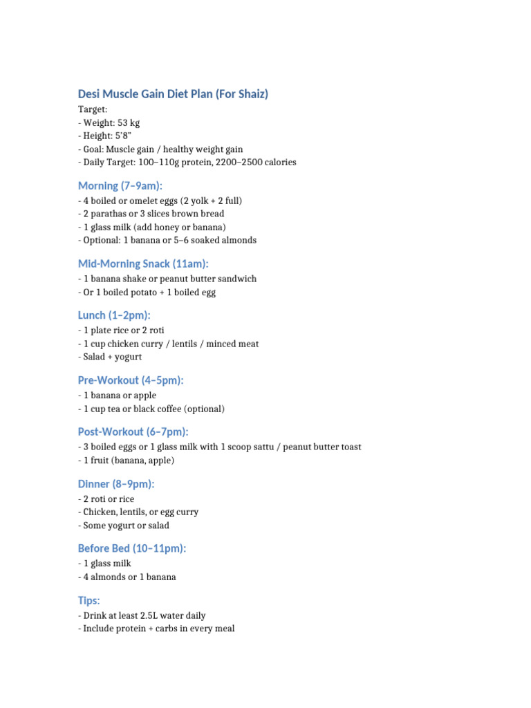 Desi Muscle Gain Diet Plan Shaiz | PDF