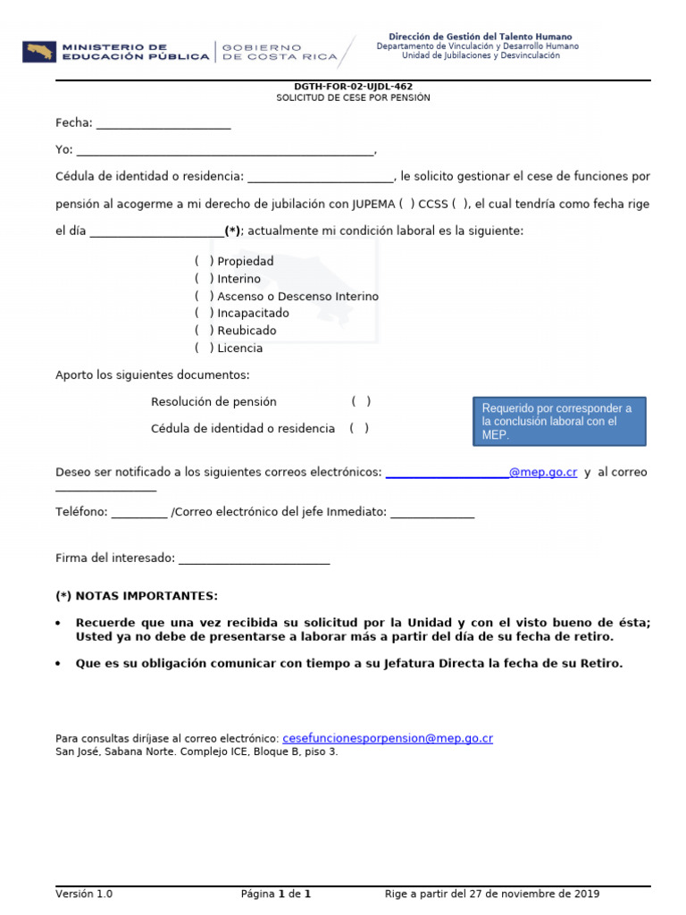 Formulario DGTH For 02 Ujdl 462 1solicitud de Cese Por Pension Nuevo | PDF