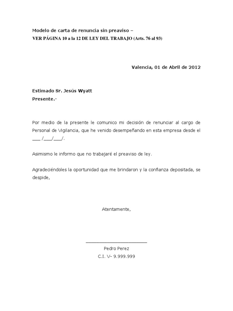 Modelo De Carta De Renuncia Sin Preaviso