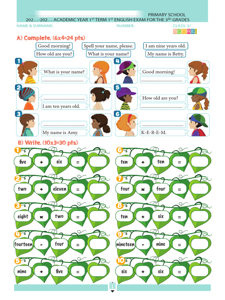3rd Grade English Exam Term 1 | PDF