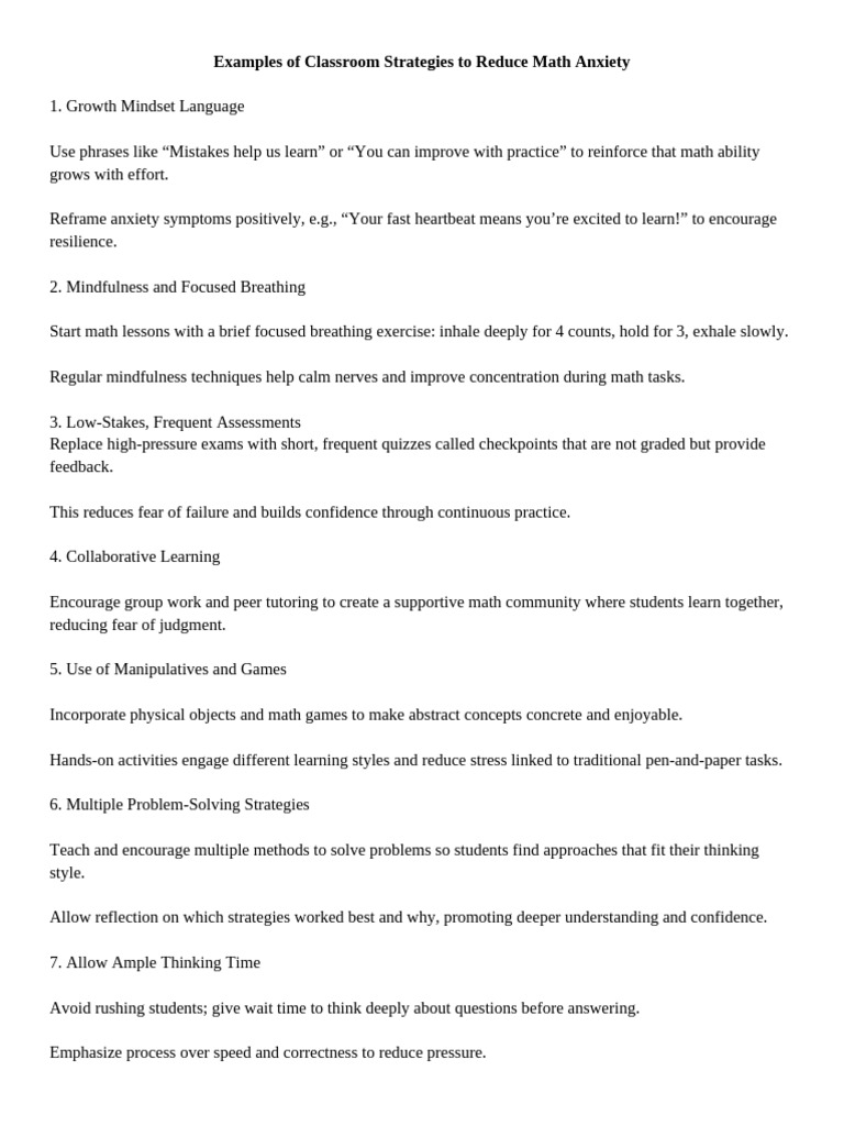 Examples of Classroom Strategies To Reduce Math Anxiety | PDF | Anxiety ...