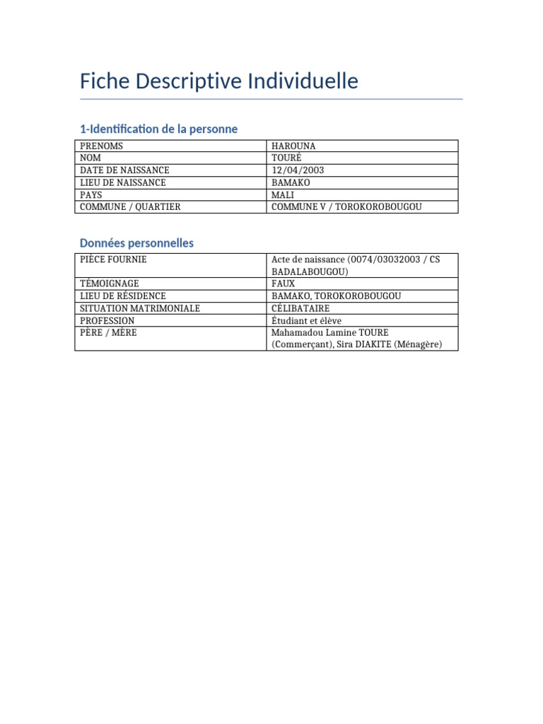 Fiche d'identité de Harouna Touré | PDF