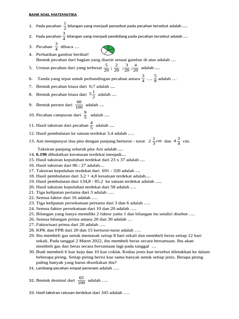 Bank Soal Matematika Dasar dan Pecahan | PDF