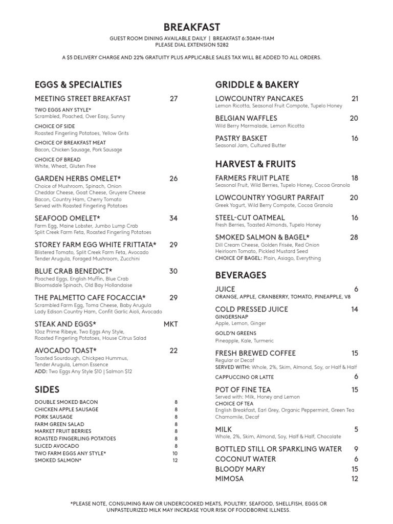 Breakfast Menu with Room Service Options | PDF | Salad | Bacon