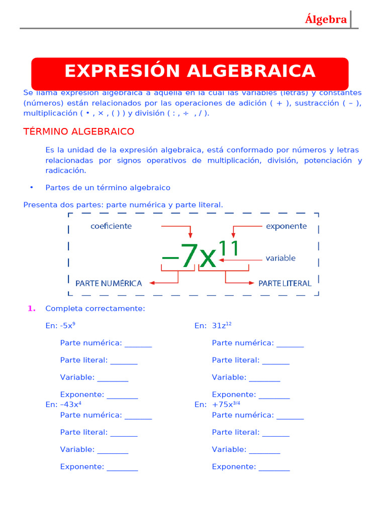 Introducción a las Expresiones Algebraicas | PDF