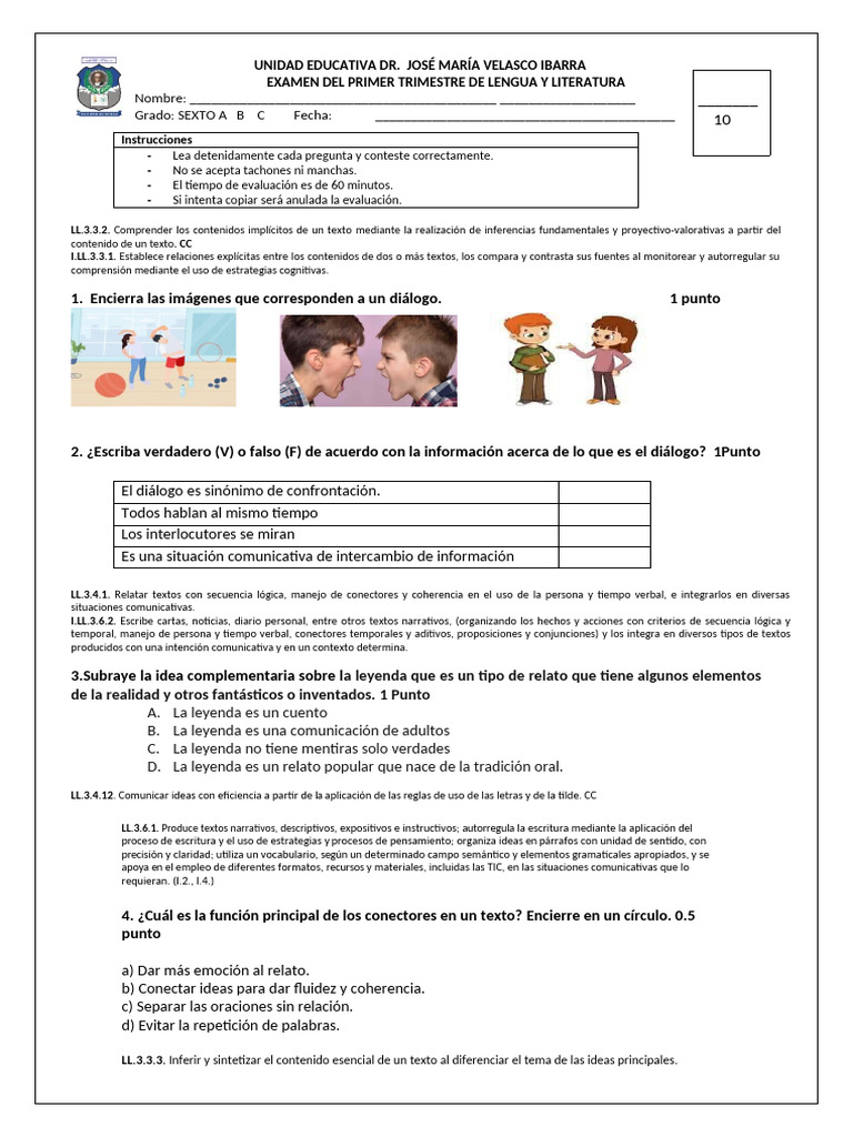 Examen de Lengua y Literatura 6to Grado | PDF | Oración (Lingüística ...
