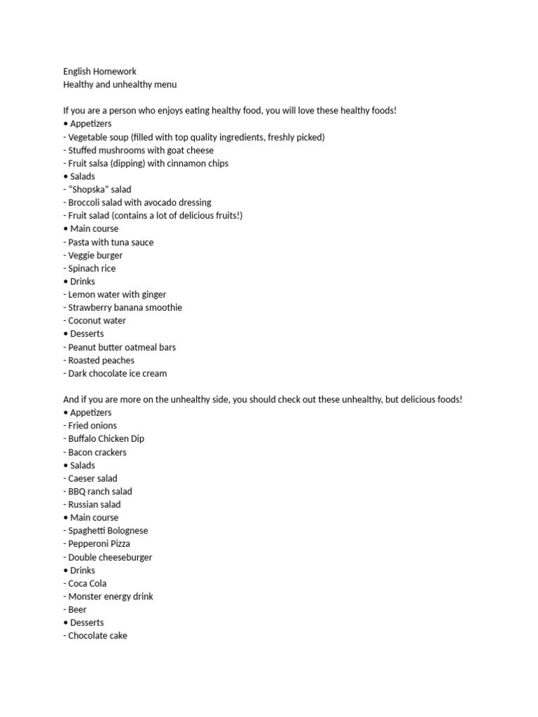 Healthy vs Unhealthy Menu Options | PDF