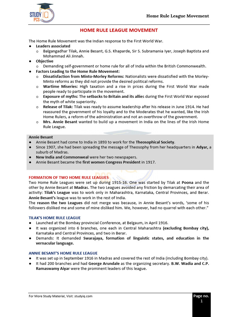 Home Rule League Movement Overview | PDF | Indian Nationalism | British ...