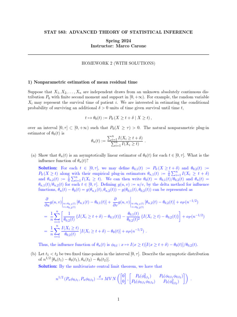 Advanced Statistical Inference Homework Solutions | PDF | Estimator ...