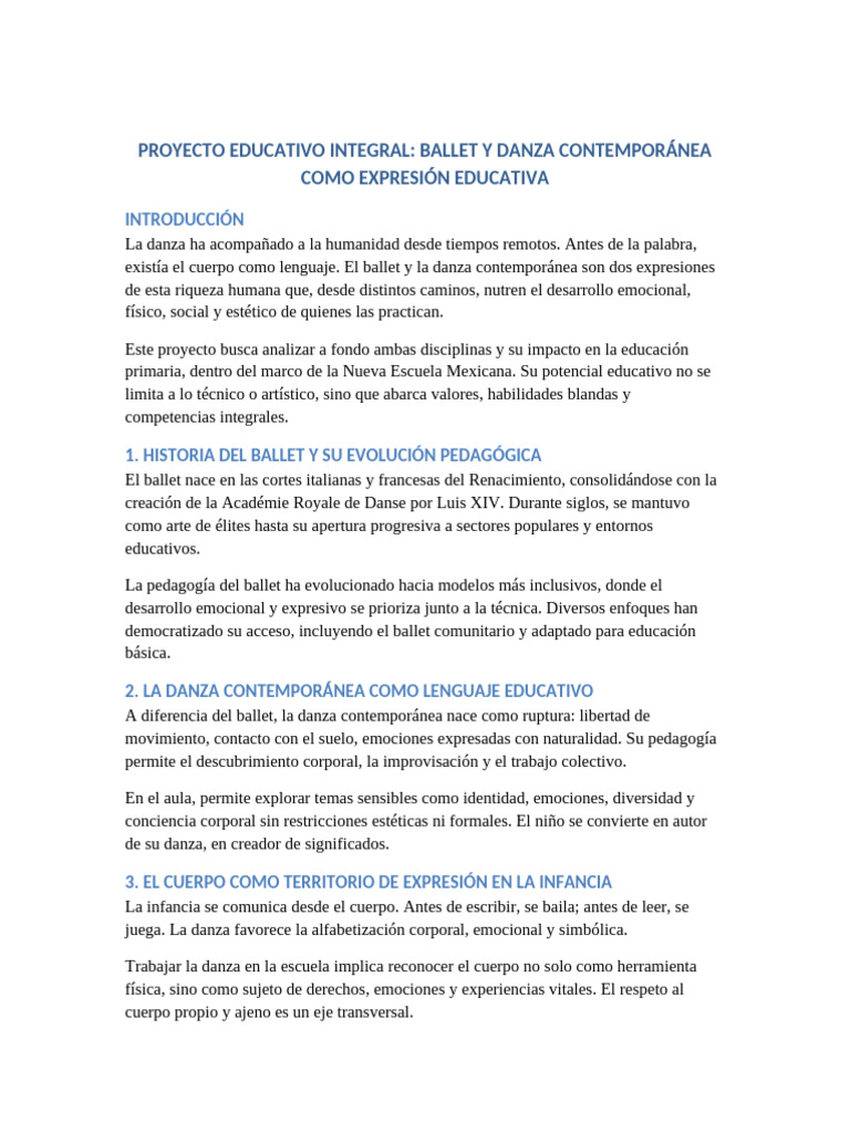 Proyecto Ballet Danza Contemporanea 20pags | PDF | Bailes | Ballet