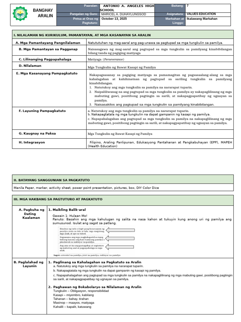 C.O 1 - Val - Ed. 7 - Lesson Exemplar | PDF