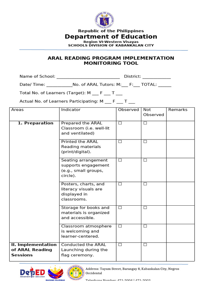 ARAL Reading Program Monitoring Tool | PDF | Learning Methods | Pedagogy