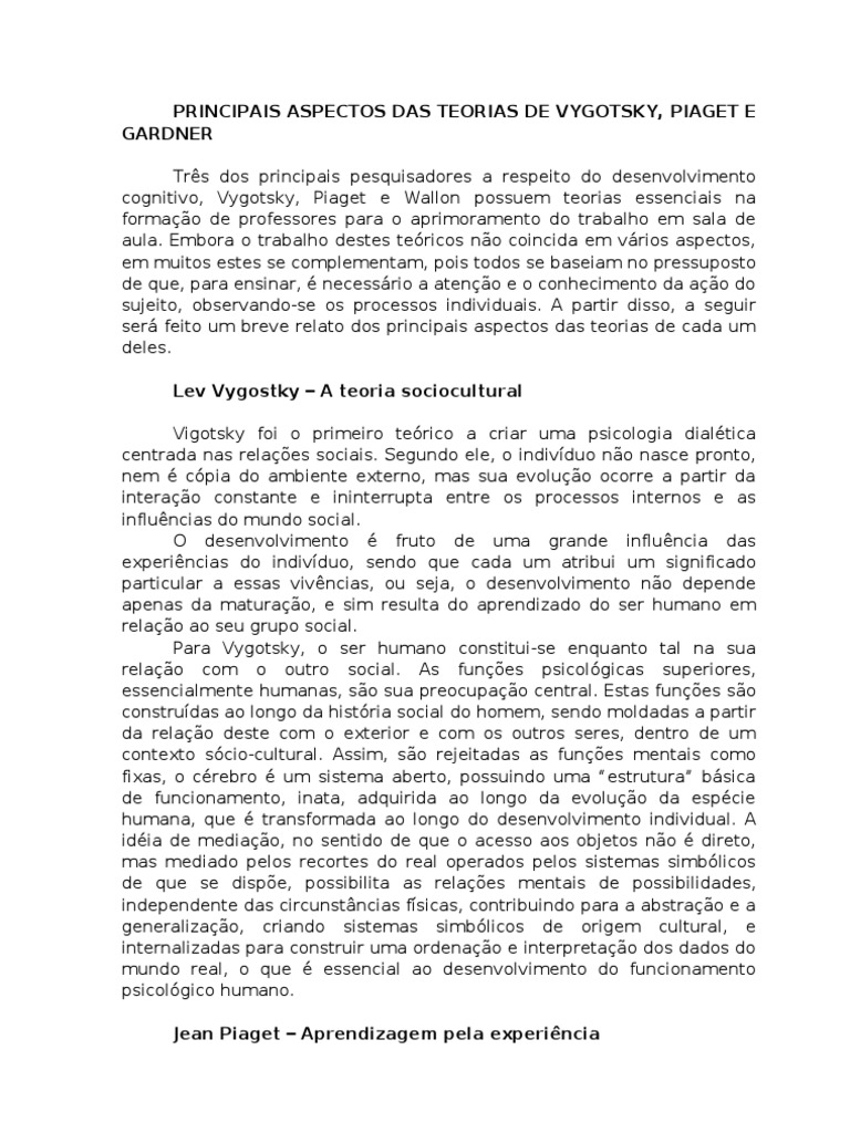 Teorias de Vygotsky, Piaget e Gardner | PDF | Aprendizado | Psicologia