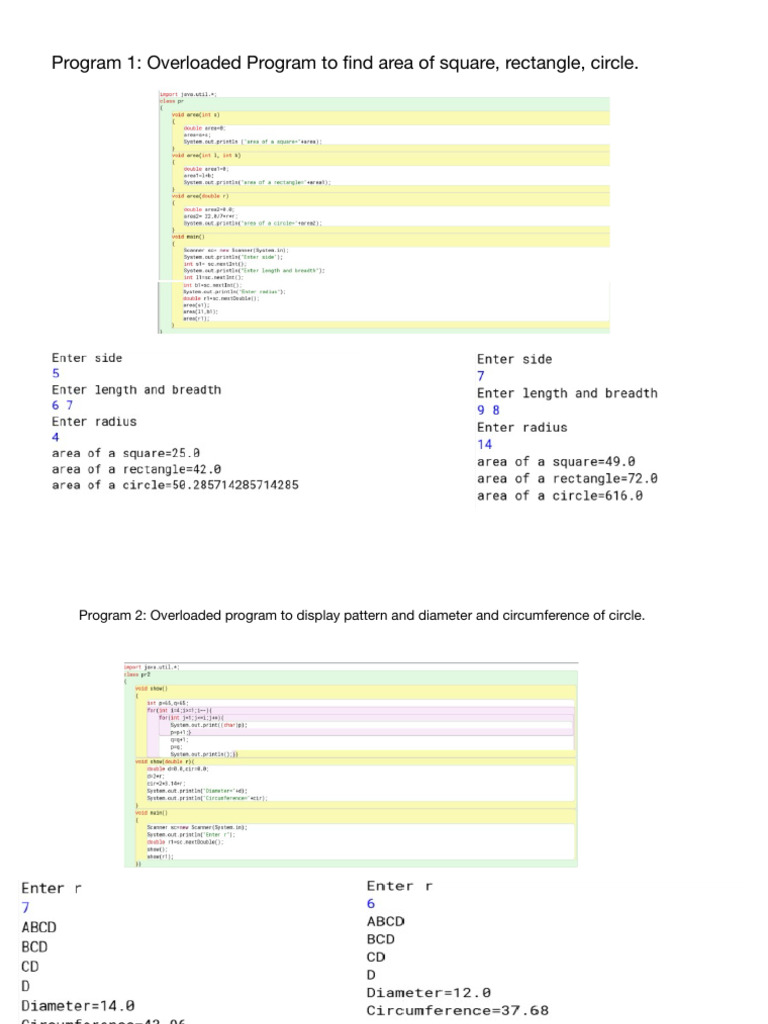 Java Programs for Area, Sorting, and Classes | PDF
