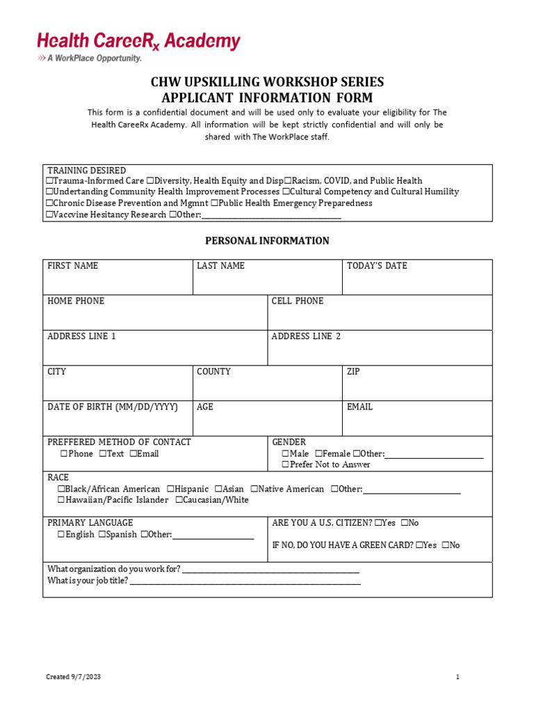 CHW Upskilling Workshop Series Hard Copy Application | PDF