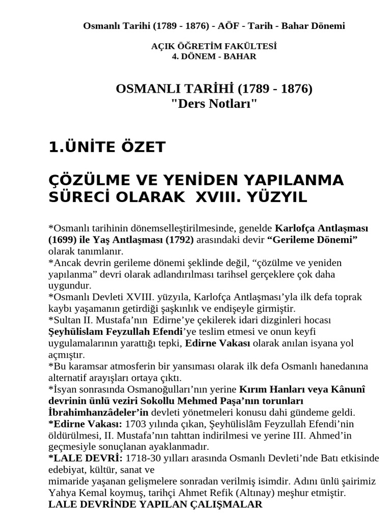 Aöf Osmanlı Tarihi 1789 1876 Özet | PDF