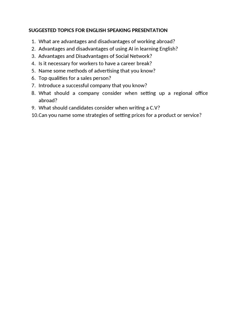 Recommended Topics For English Speaking Presentation | PDF