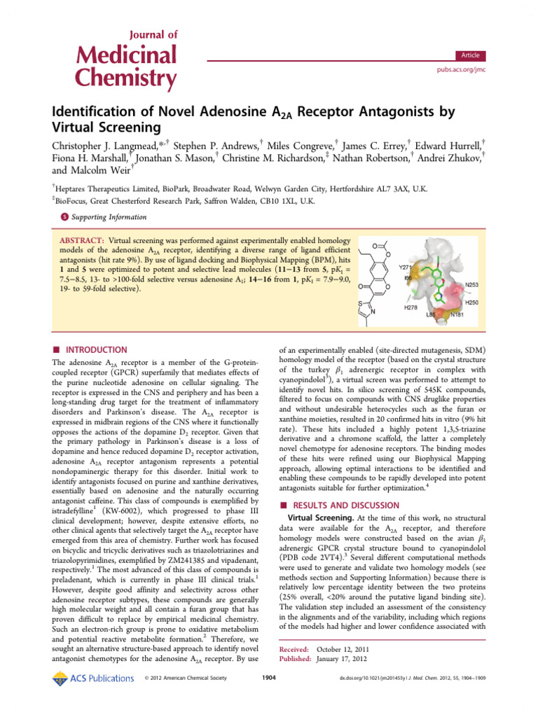 Identification of Novel Adenosine A2a Receptor Antagonists by Virtual ...