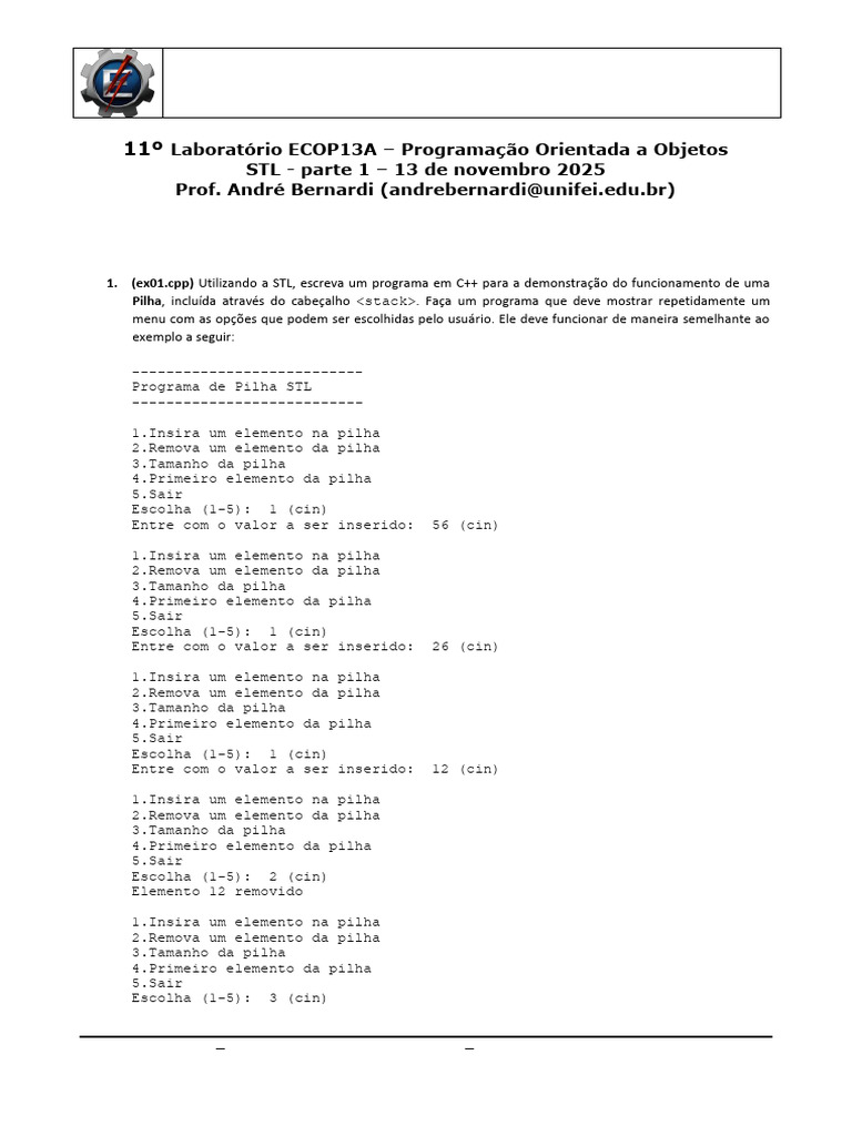 Exercícios de STL em C++: Pilha e Lista | PDF | C ++ | Engenharia de ...