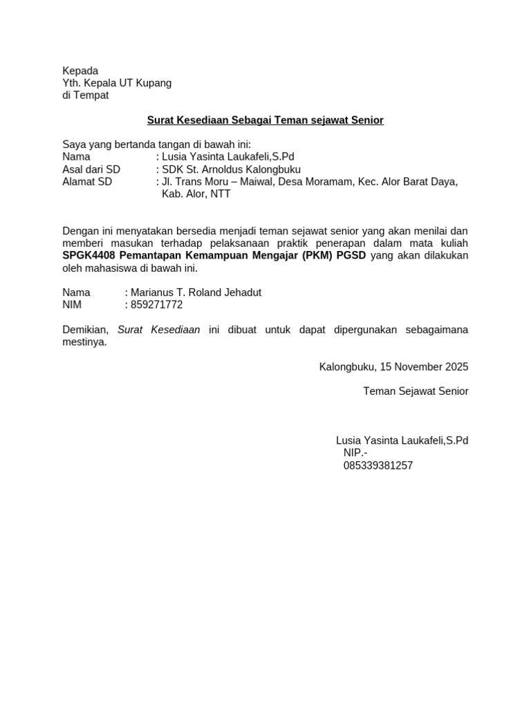 Surat Kesediaan Teman Sejawat Senior | PDF