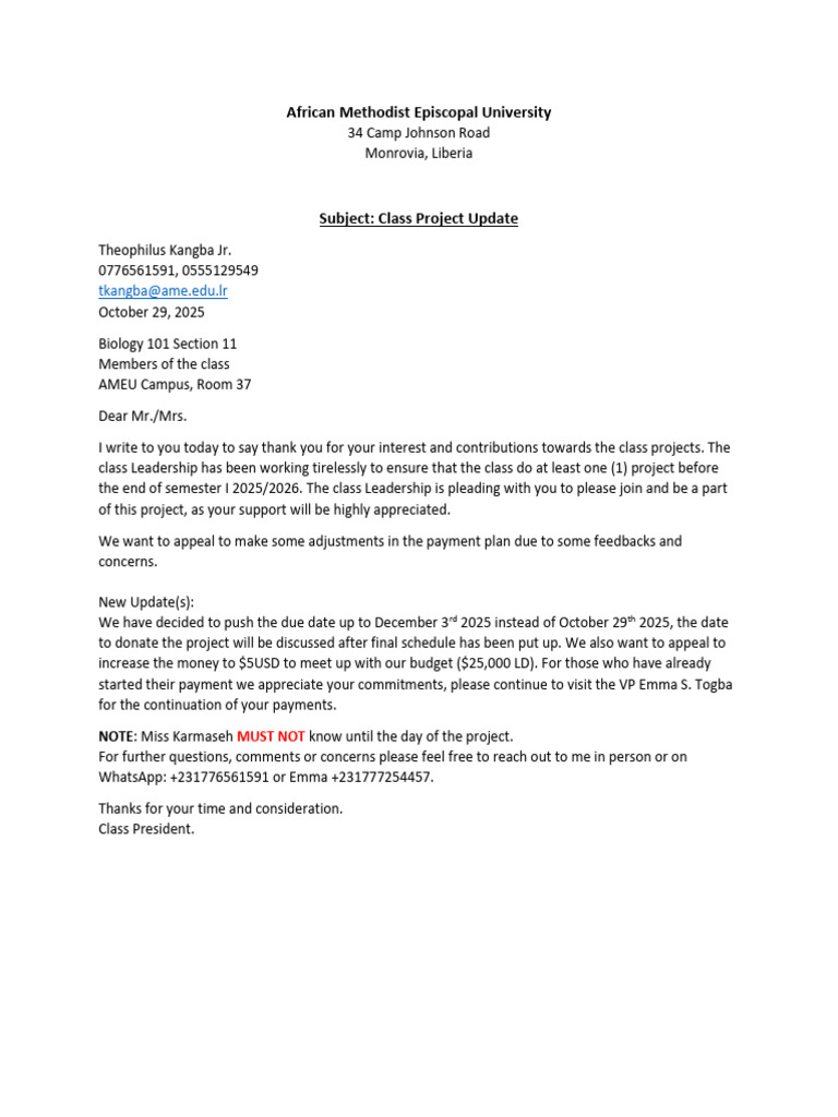AMEU Class Project Update and Appeal | PDF