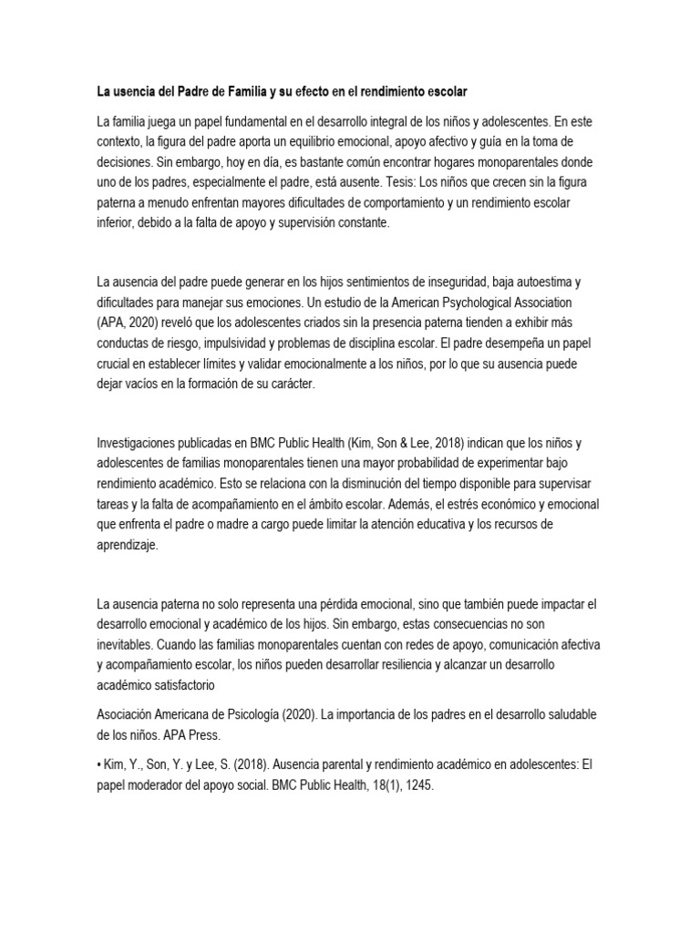 La Usencia Del Padre de Familia y Su Efecto en El Rendimiento Escolar ...