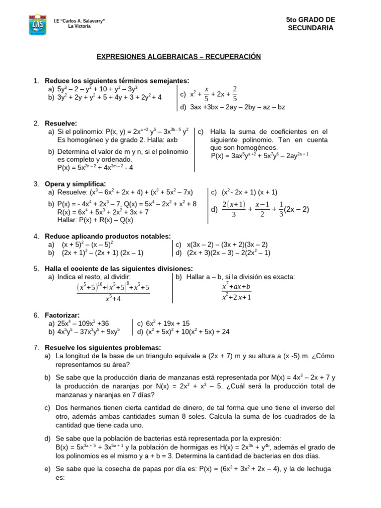 Ejercicios de Expresiones Algebraicas | PDF | Matemáticas | Álgebra