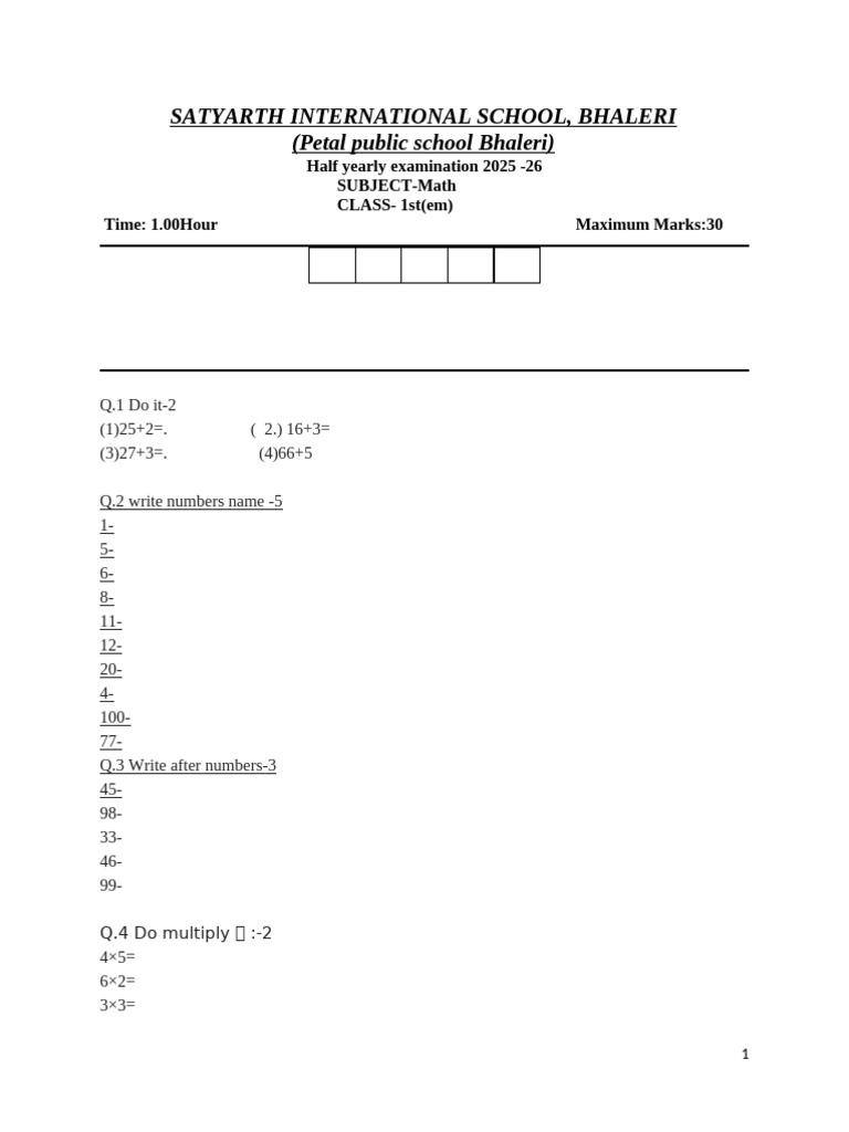 Class 1 Math Exam Paper 2025-26 | PDF