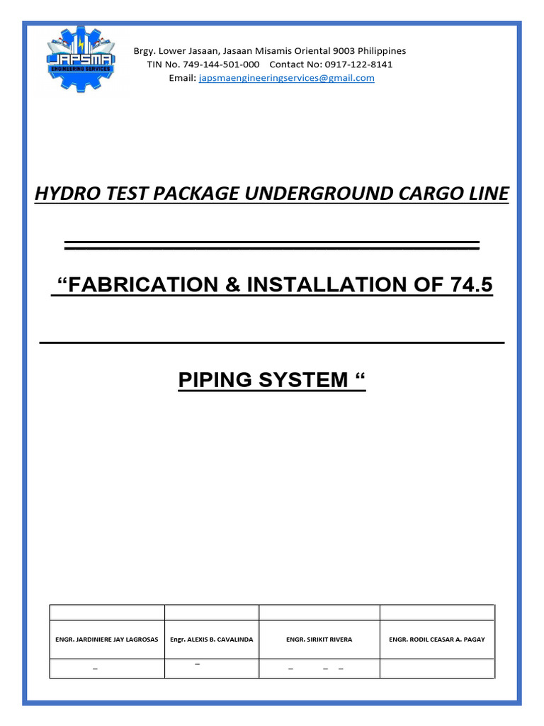 Hydro Test Package for Fuel Piping System | PDF | Mechanical ...