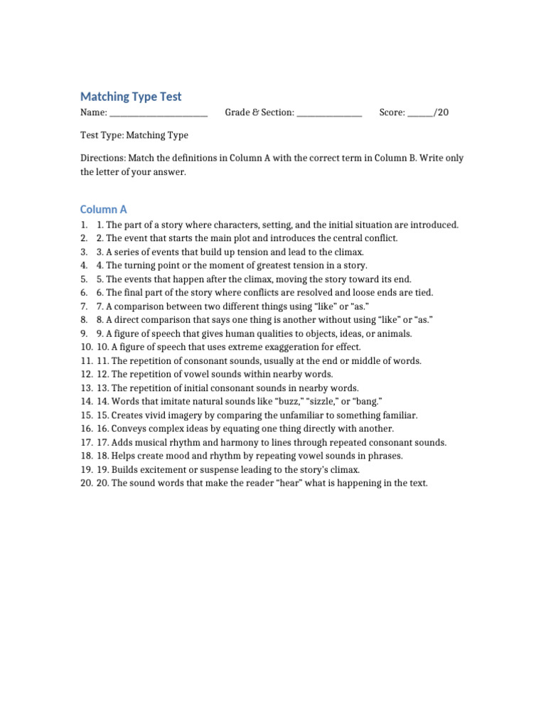 Matching Type Test Plot and Figures of Speech | PDF | Linguistics