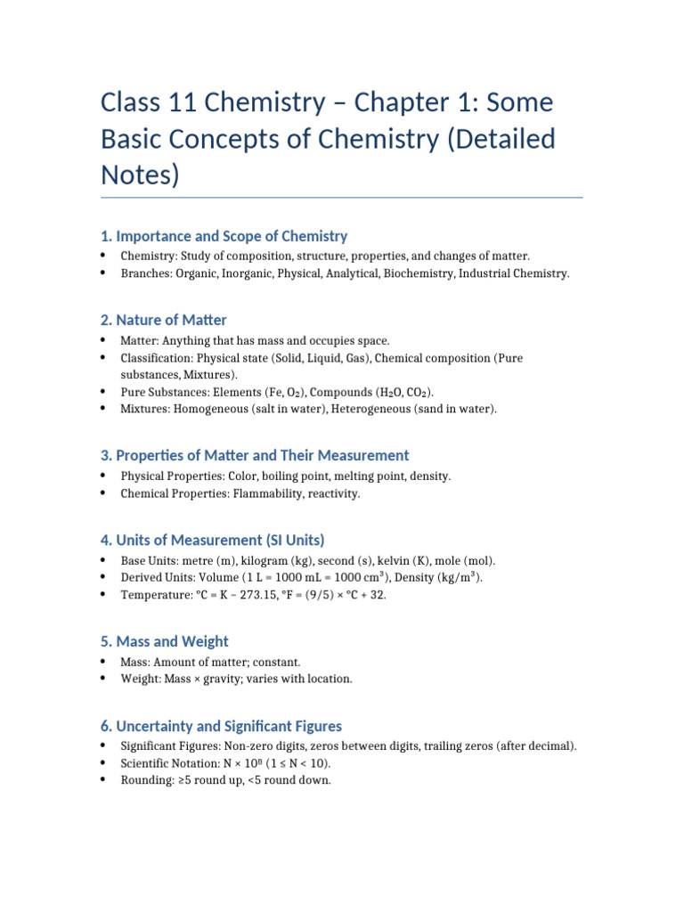 Class 11 Chemistry: Basic Concepts Guide | PDF | Chemistry | Mixture