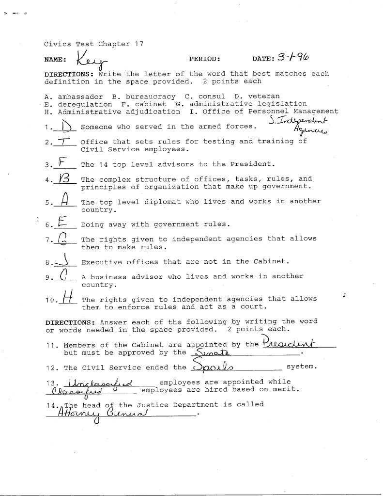 Civics Chapter 17 Test Key001 | PDF | Government Of The United States ...