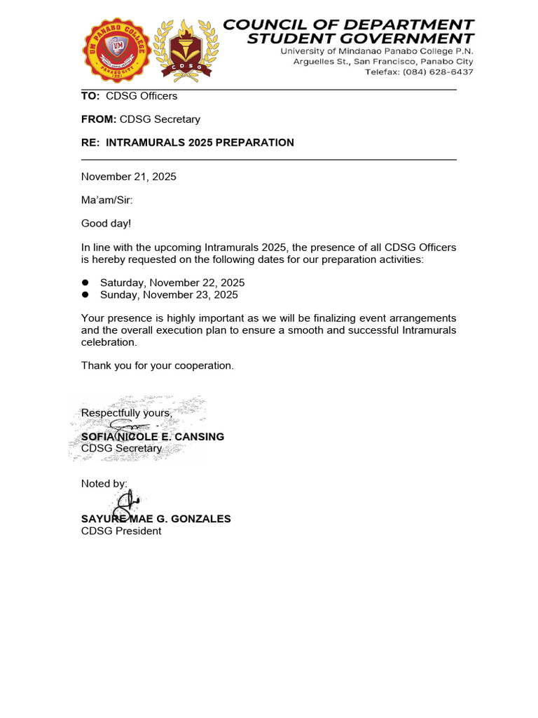 Intrams Preparation Memo - Nove 7, 2025 | PDF