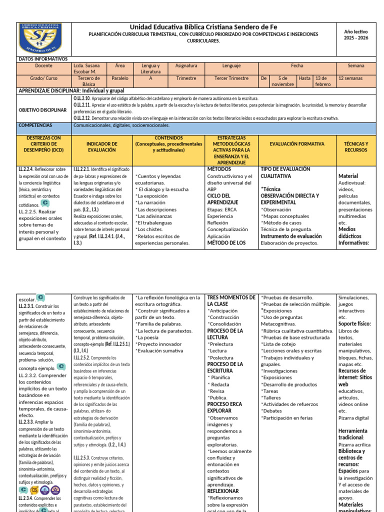 Planificación Curricular Lengua 3er Grado | PDF | Plan de estudios ...