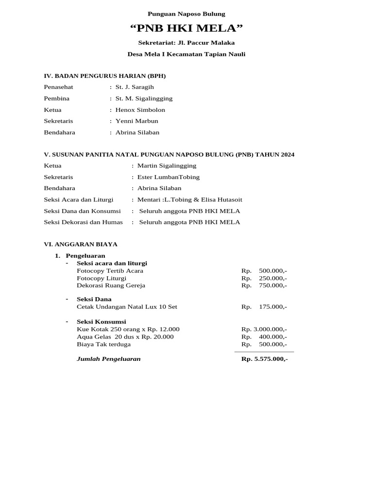 Rincian Anggaran Natal PNB 2024 | PDF