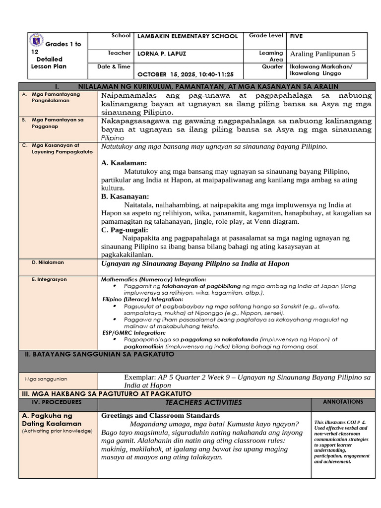 DLP AP Cot 1st With Annotation | PDF