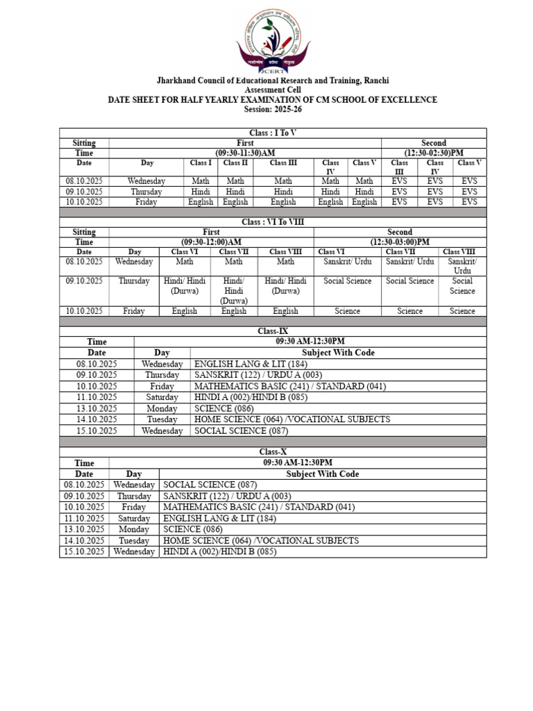 Jharkhand Half-Yearly Exam Date Sheet 2025 | PDF | Science | Languages ...