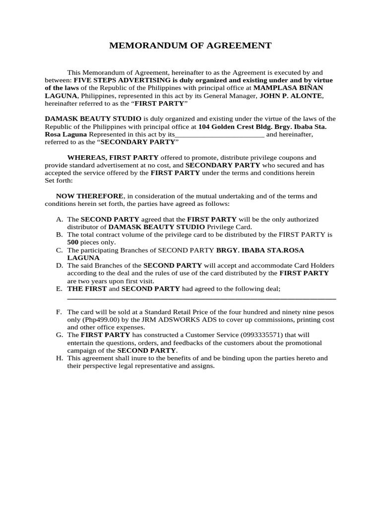Memorandum of Agreement | PDF | Common Law
