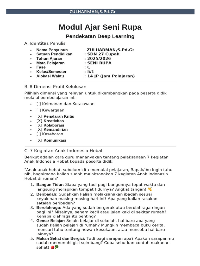 Modul Ajar Seni Rupa Kelas 5 SD | PDF